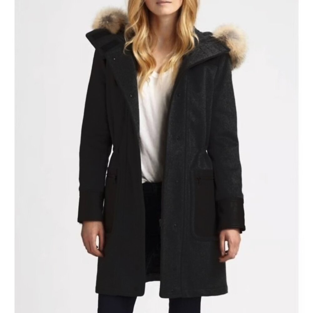 Rag & Bone Belfast Coat Waxed Canvas Pocket Double 2-in-1 Parka w/ Fur Hood XS